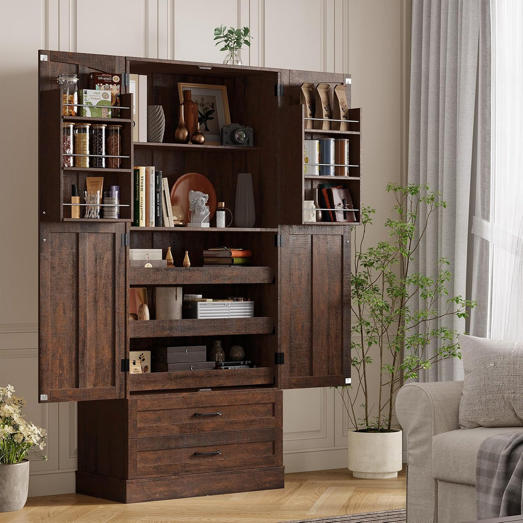 ONBRILL 71' Tall Farmhouse Kitchen Pantry Cabinet with 3 Pull Out Shelves & 2 Large Drawers, Pantry Storage Cabinet with 6 Door Shelf & Adjustable Shelf, Freestanding Cupboard for Kitchen, Dining Room