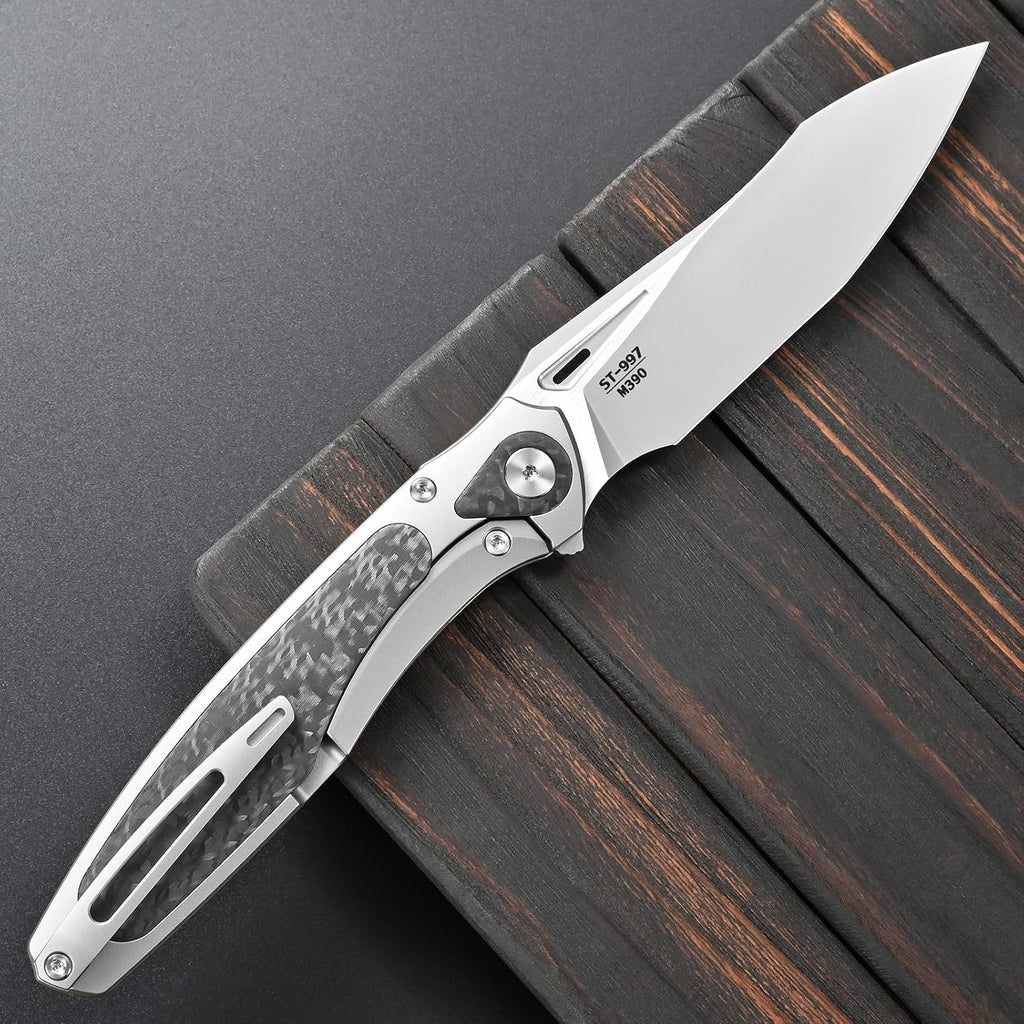 Sitivien ST997 Folding Knife,Handmade M390 Pearlescent Brushed Steel Blade,Titanium Carbon Fiber Handle EDC Knife for Outdoor Camping Hiking Survival Travel(Gray)