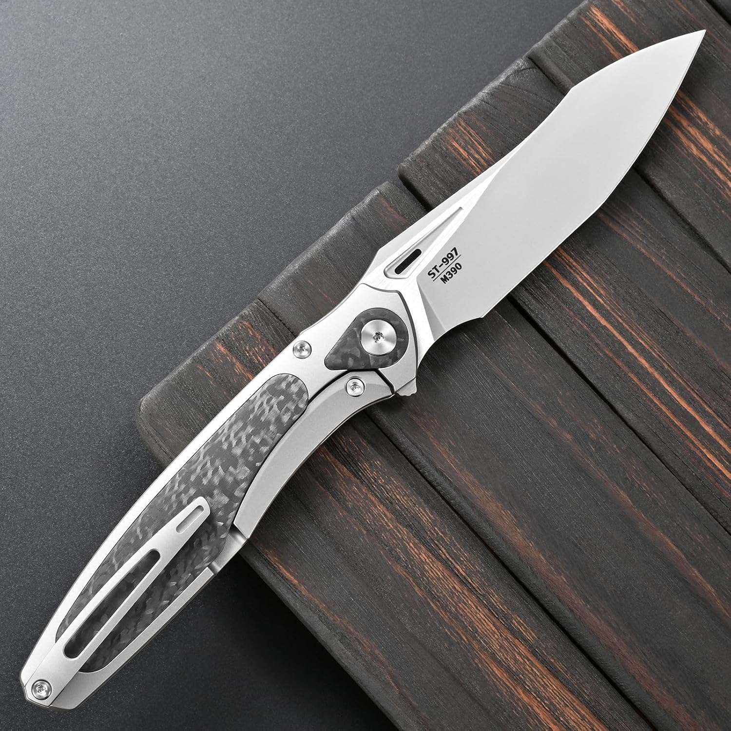 Sitivien ST997 Folding Knife,Handmade M390 Pearlescent Brushed Steel Blade,Titanium Carbon Fiber Handle EDC Knife for Outdoor Camping Hiking Survival Travel(Gray)