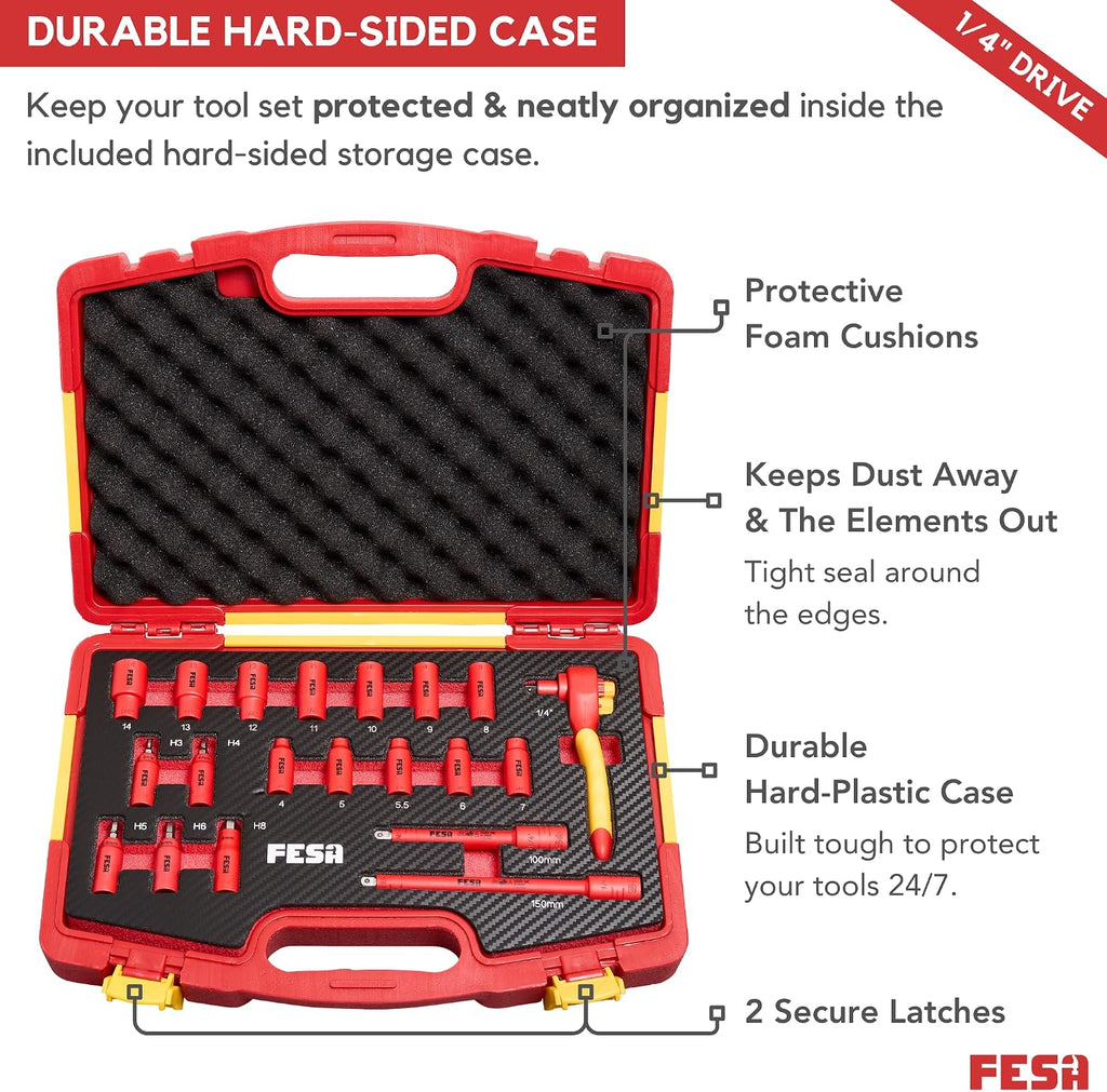 FESA Electrician Insulated Socket Set - 1000V 20-Piece Professional Insulated Ratchet & Socket Wrench Set (1/4' Drive) w/ 2 Extensions & 5 Hex Bits - 1000 Volt Tools for Electricians