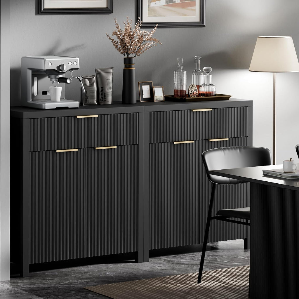 Lulive Black Fluted Storage Cabinet with Drawers Buffet Sideboard Cabinet with Adjustable Shelves for Kitchen Living Room, Kitchen, Entryway