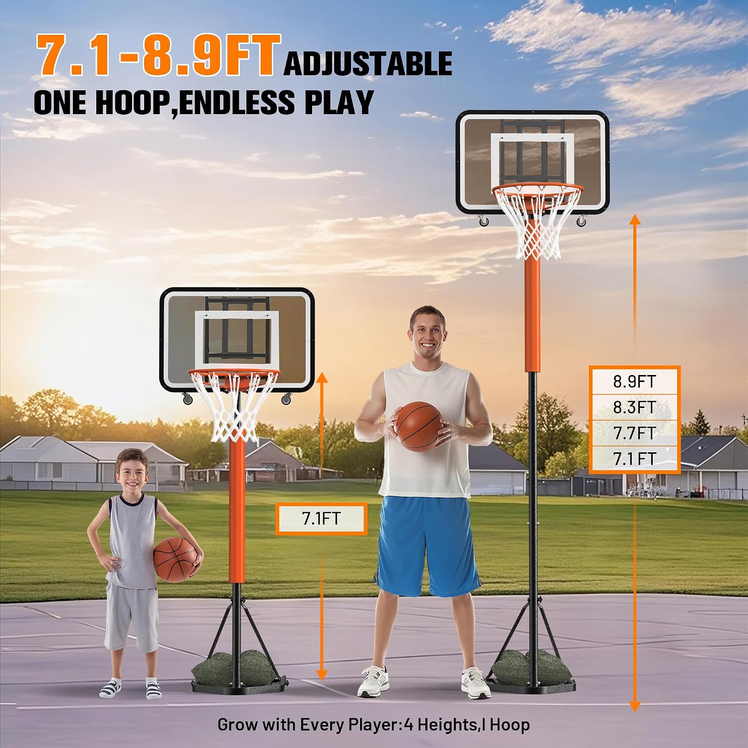New PC Backboard,Basketball Hoop Outdoor 7.1-8.9ft Adjustable,Basketball Portable Hoops & Goals for Kids,Youth,and Adults in Backyard/Driveway/Indoor,33 Inch Shatterproof Backboard and Larger Base