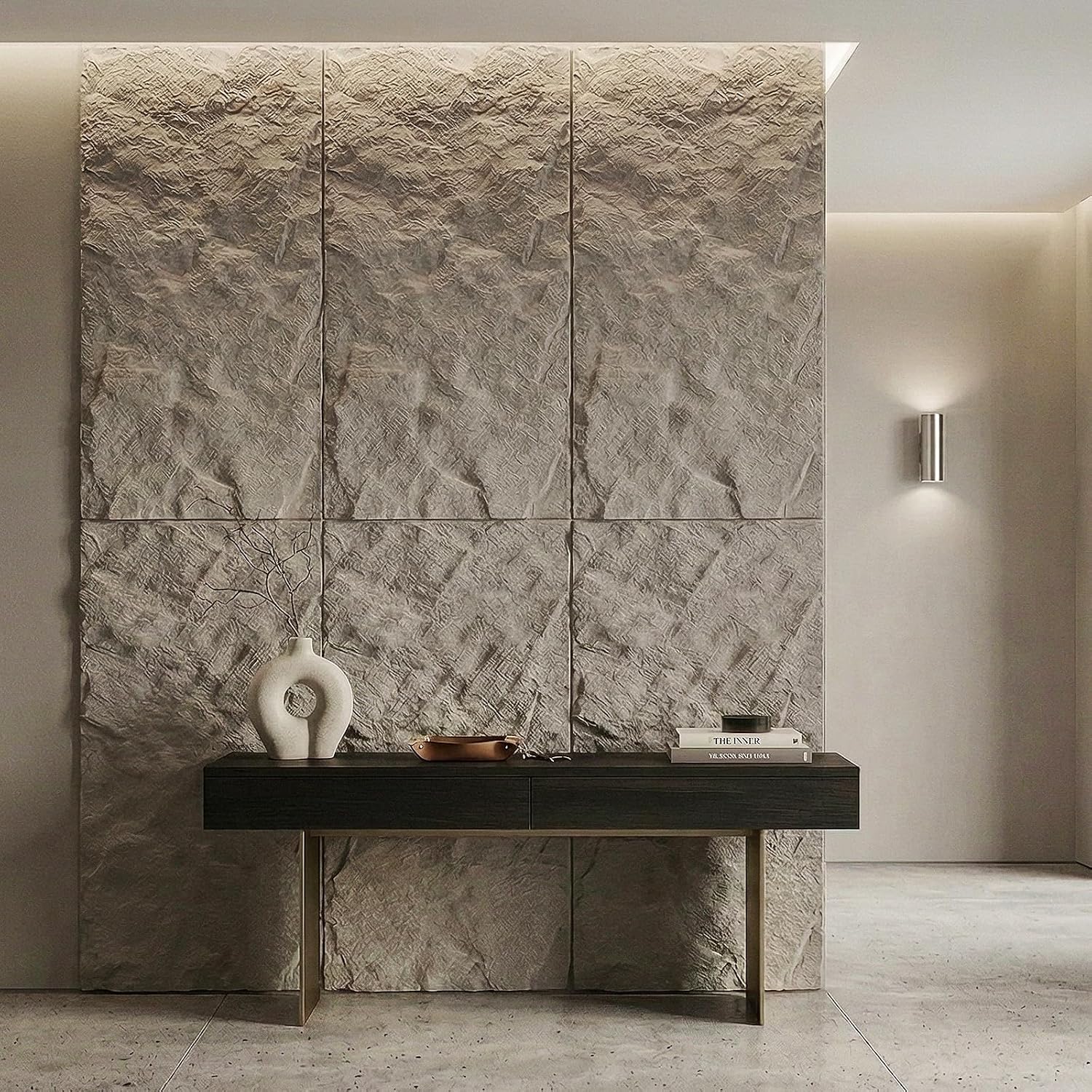 VooBang 4 Pack 3D Wall Panels, Lava Rock Molten Texture PU Wall Panels, 24'x48' Cover 32 Sq Ft Wall Tiles, Accent Wall Decor for Interior Living Room Bedroom Hotel Office, Grey