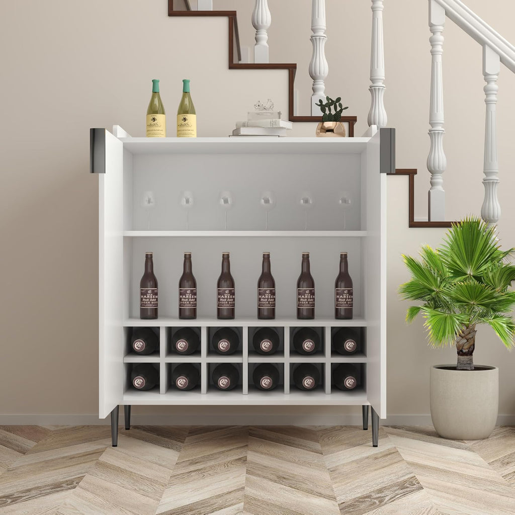 39' Moisture-Resistant Freestanding Storage Cabinet, Kitchen Storage Bakers Rack with Soft-Closing Hinge, Utility Food Cupboard with Wine Bottle Holder for Kitchen Dining Living Room, White