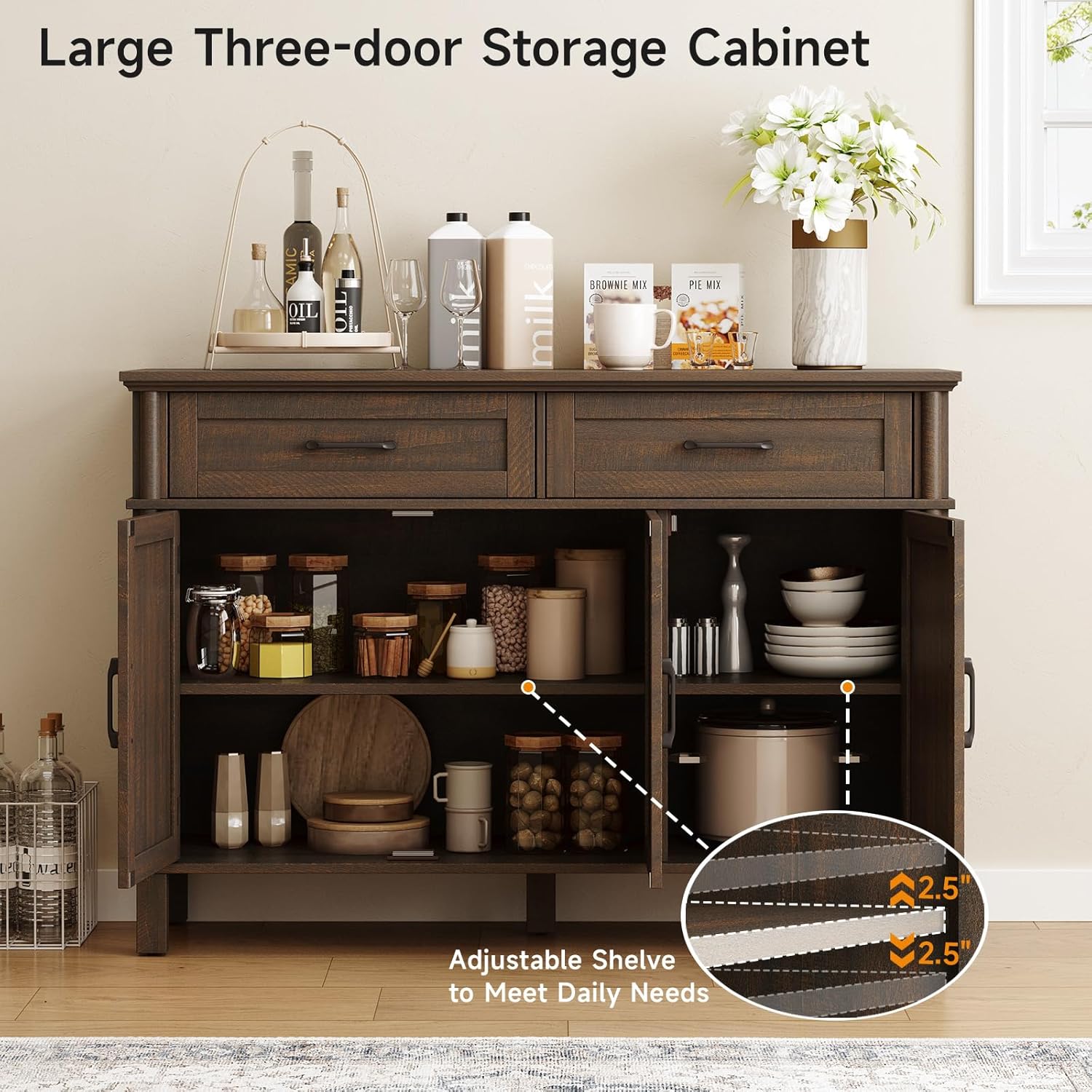 ONBRILL 48 Inch Buffet Cabinet with Storage, Farmhouse Sideboard Buffet w/2 Drawers and 3 Doors, Wood Coffee Bar Cabinet with Adjustable Shelves, Sideboard Storage for Kitchen, Living Room, Brown