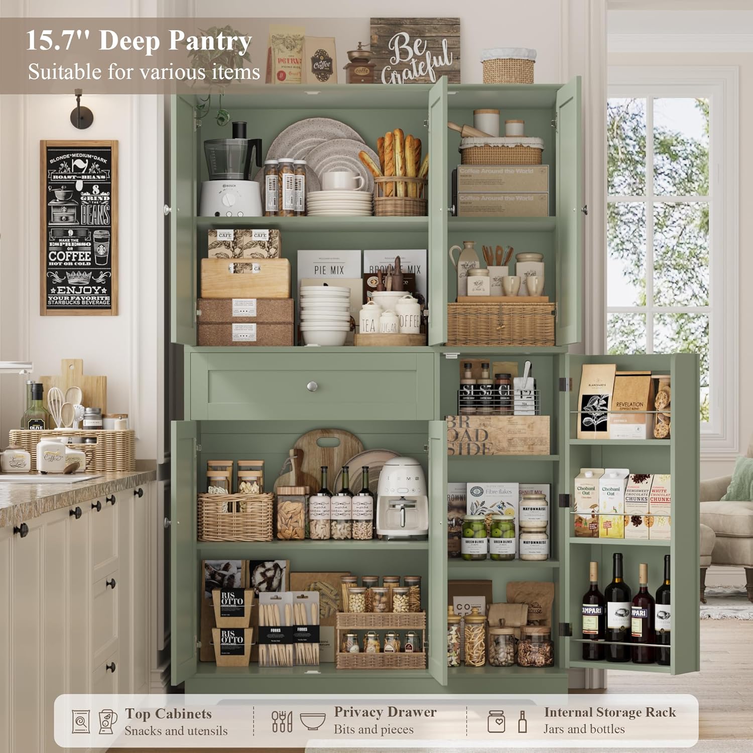 HOSTACK 68' Tall Kitchen Pantry Storage Cabinet, Modern Kitchen Hutch Cabinet with Doors and Shelves, Freestanding Food Pantry with Large Storage Drawer for Dining Room, Living Room, Green