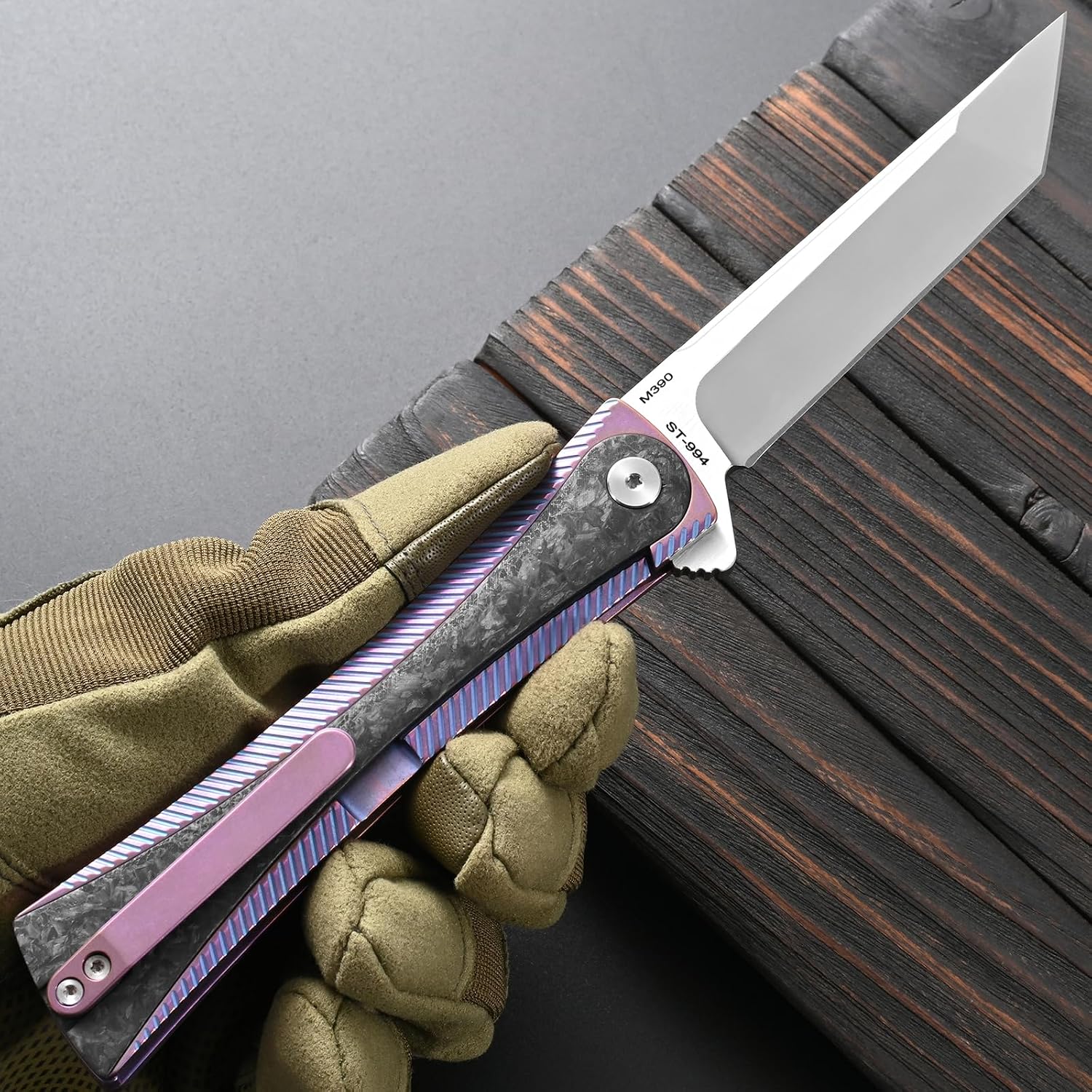 Sitivien ST994 Folding Knife, Handmade M390 Brushed Steel Blade Titanium Carbon Fiber Handle with Ball Bearing for Outdoor Camping Hiking Survival (Pink)