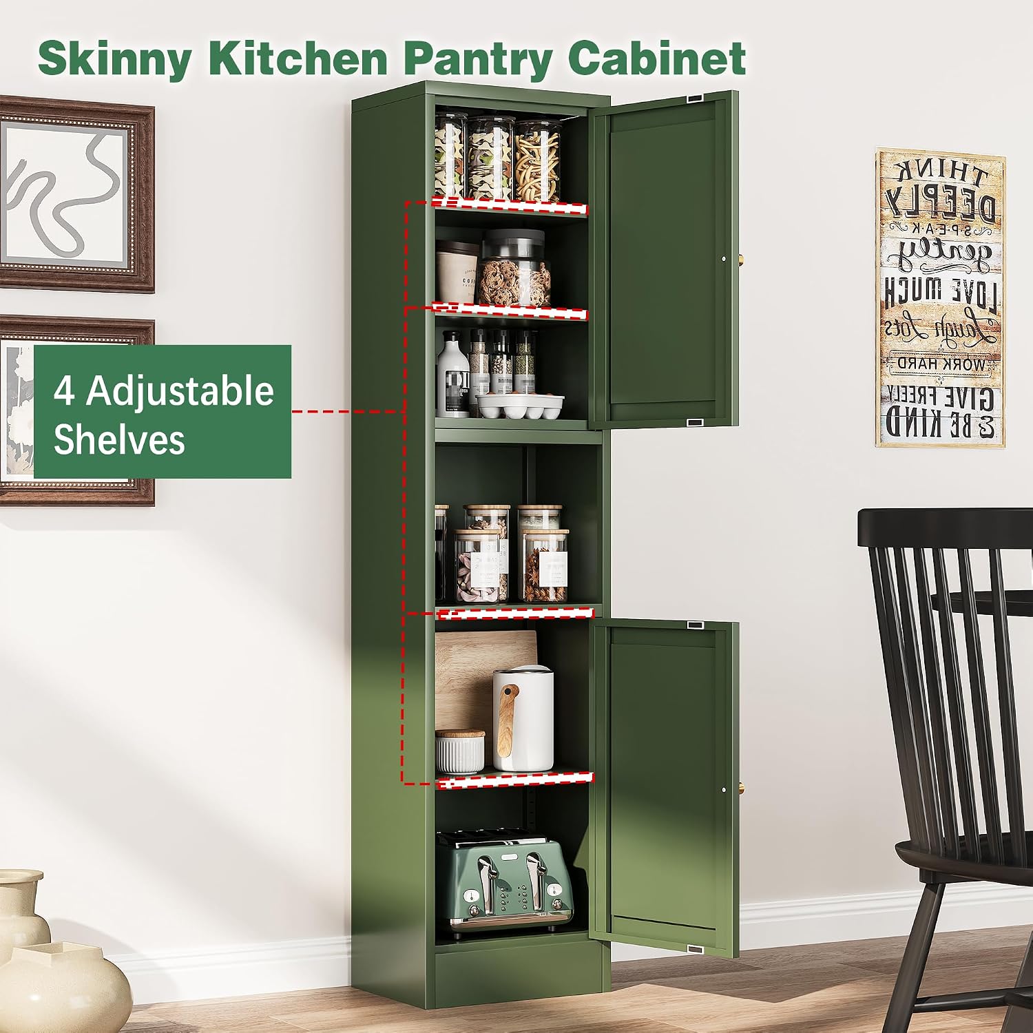 Bevivog Metal Kitchen Pantry Cabinet for Small Space, 67' Tall Storage Cabinets with 2 Doors and Adjustable Shelves, Freestanding Narrow Bathroom Cabinet, 15.7' W Slim Pantry