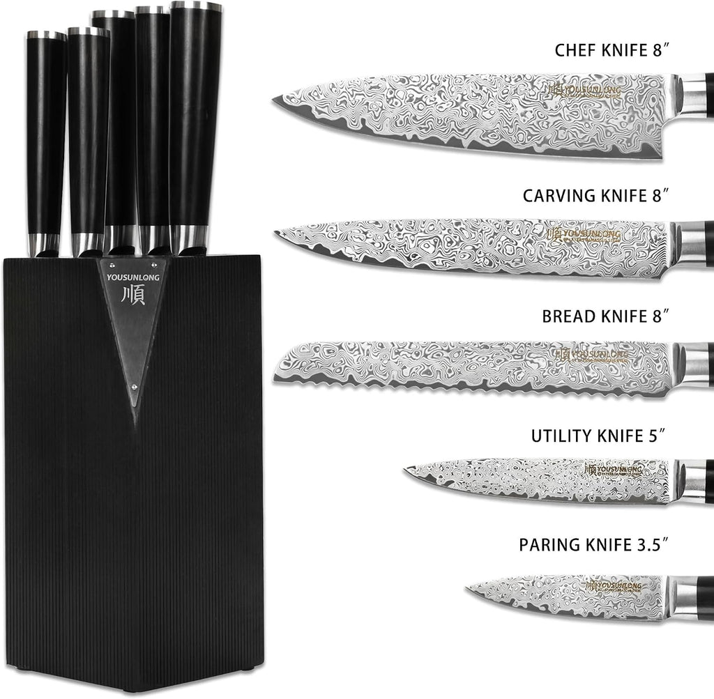 YOUSUNLONG Kitchen Knife Set, 5 Piece | Natural Fraxinus Americana Wood Knife Holder, Ultra Sharp High Carbon Japanese Damascus Steel Blade, Natural Ebony Handle