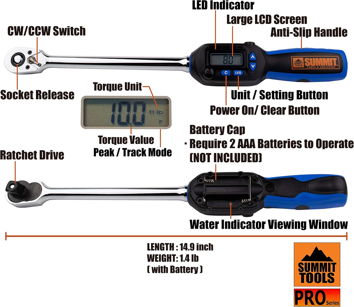 1/2 inch Digital Torque Wrench, 5-99.5 ft-lbs (6.8-135 N-m) Torque Range, Sequential LED and Buzzer, Calibrated (WSP4-135CN)