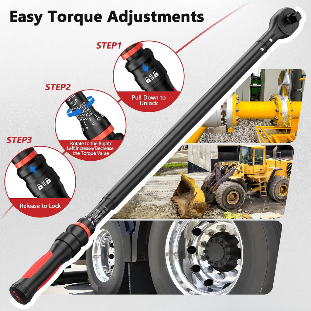 VANPO Torque Wrench 3/4-Inch Drive 100-650 Ft-Lb Heavy Duty Click Type for Fleet Maintenance, Semi Truck, Industrial Equipment - TPR+ABS Handle, ±3% Precision, 45-Tooth Ratchet,with Portable Case