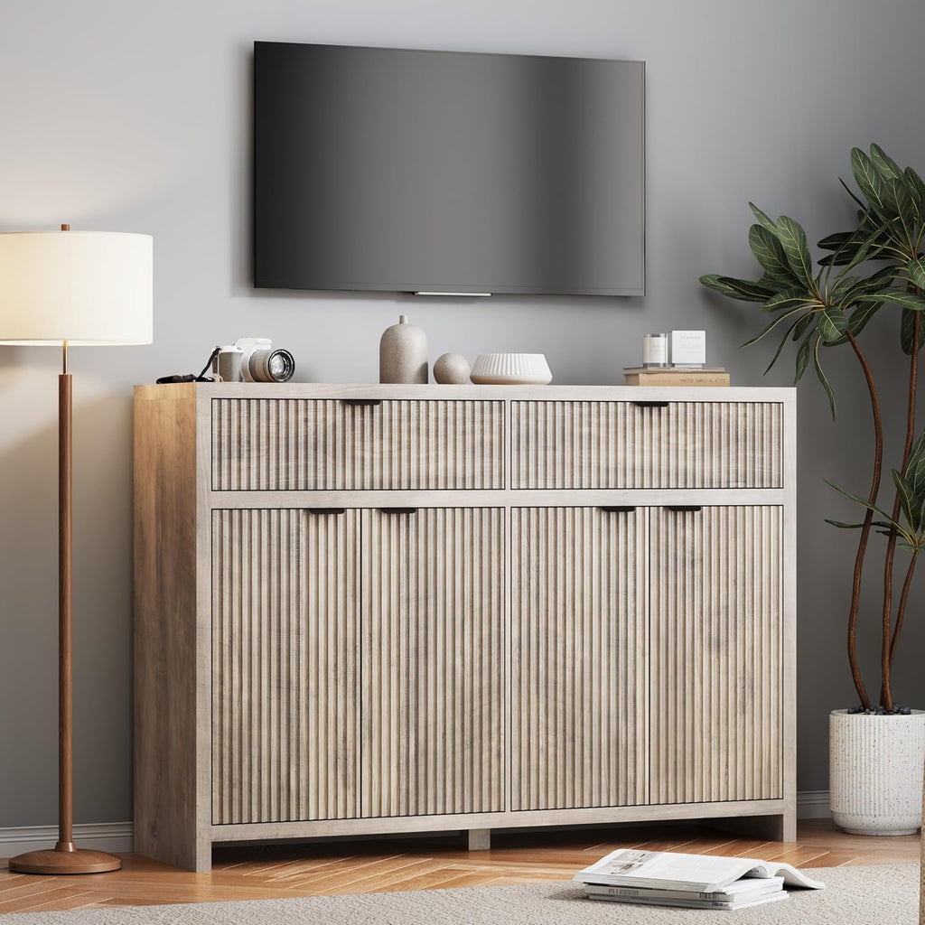 Fluted Sideboard Buffet Cabinet with Storage Drawers, 55' Large Accent Storage Cabinet with Doors and Adjustable Shelf, Modern Farmhouse Credenza for Entryway, Kitchen, Living Room - Gray