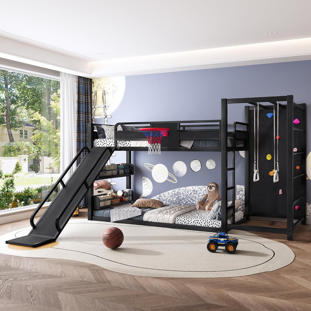 Metal Twin Over Twin Bunk Bed with Slide and Bookshelf, Modern Heavy Duty Bunk Bed with Basketball Hoop, Pull-Up Rings and Climbing Wall, Low Playhouse Loft Bed for Kids, Black