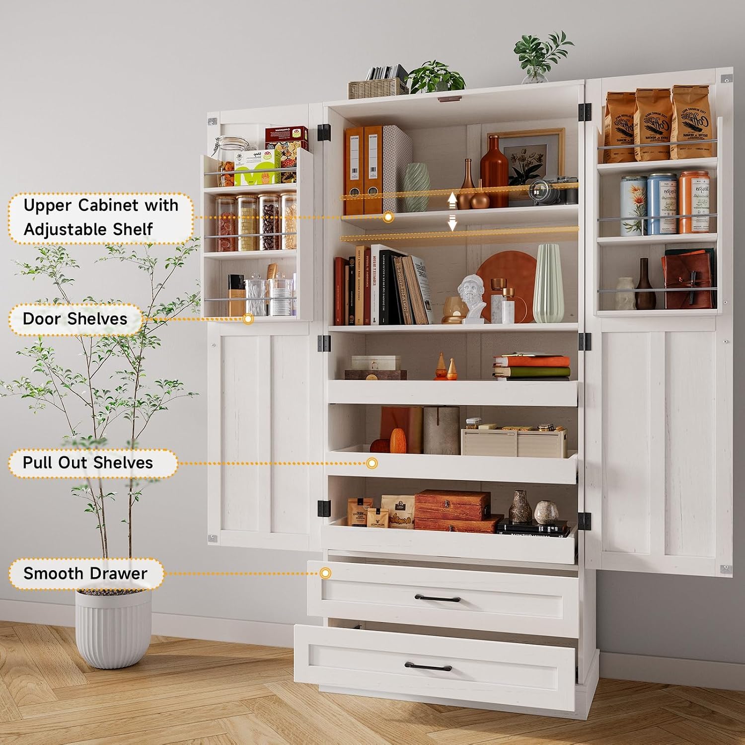 ONBRILL 71' Tall Farmhouse Kitchen Pantry Cabinet with 3 Pull Out Shelves & 2 Large Drawers, Pantry Storage Cabinet with 6 Door Shelf & Adjustable Shelf, Freestanding Cupboard for Kitchen, Dining Room