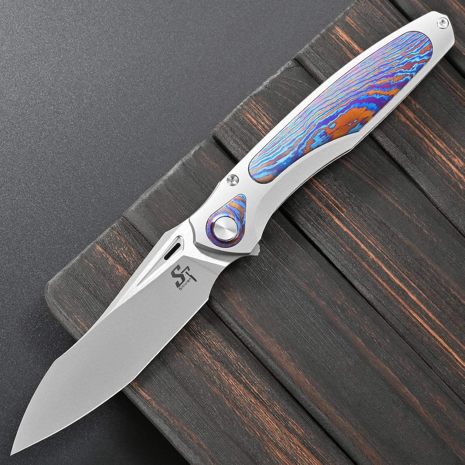 Sitivien ST997 Folding Knife,Handmade M390 Pearlescent Brushed Steel Blade,Titanium Carbon Fiber Handle EDC Knife for Outdoor Camping Hiking Survival Travel (Timascus)