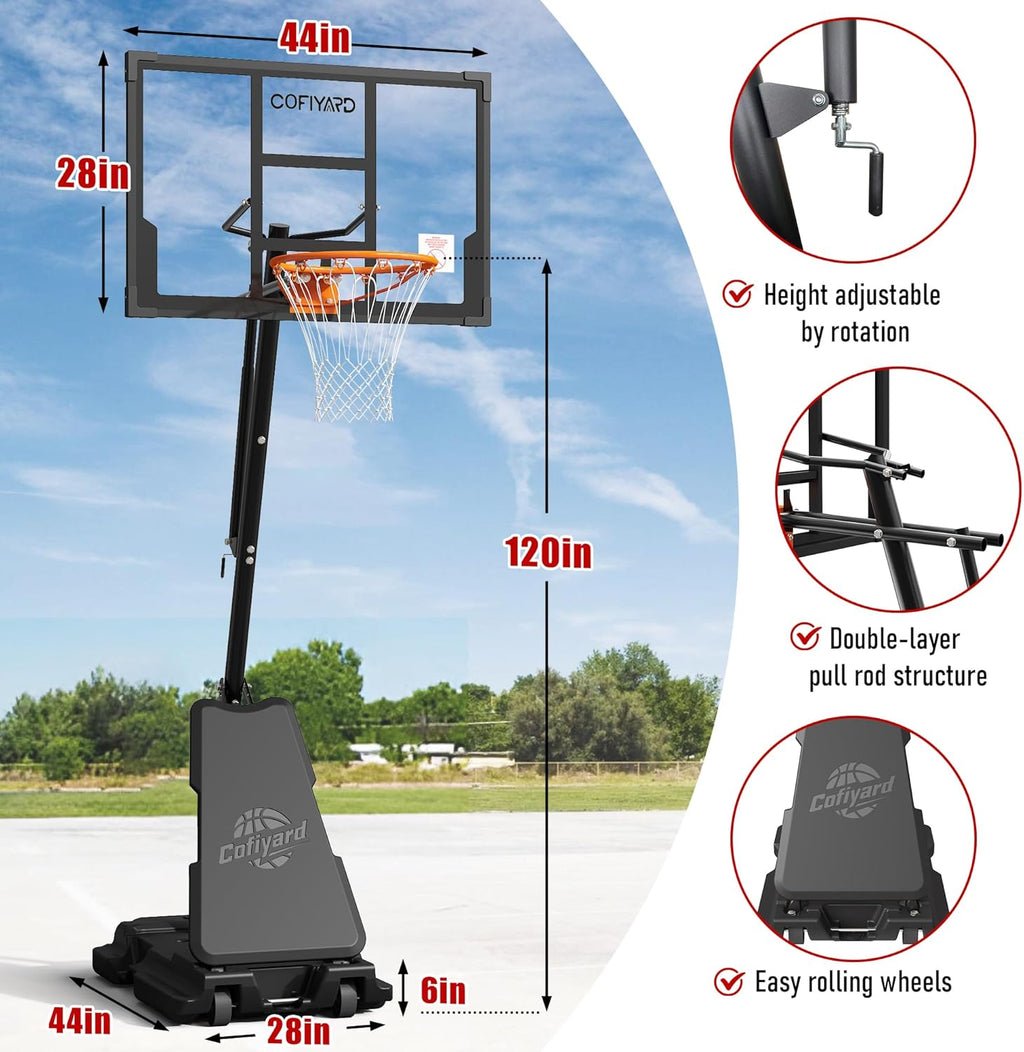 Cofiyard Basketball Hoop Outdoor with 44&48&54In Shatterproof Backboard, 5.25-10FT Height Portable Basketball Hoop with Sandbag, Adjustable Basketball Goal System