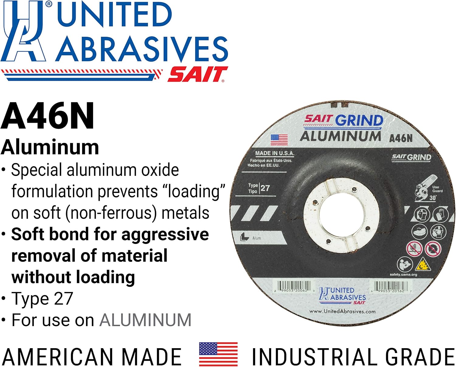 United Abrasives-SAIT 20062 A46N Aluminum Grinding Wheel (Type 27/Depressed Center) 4 1/2' x 1/4' x 7/8', 25-Pack