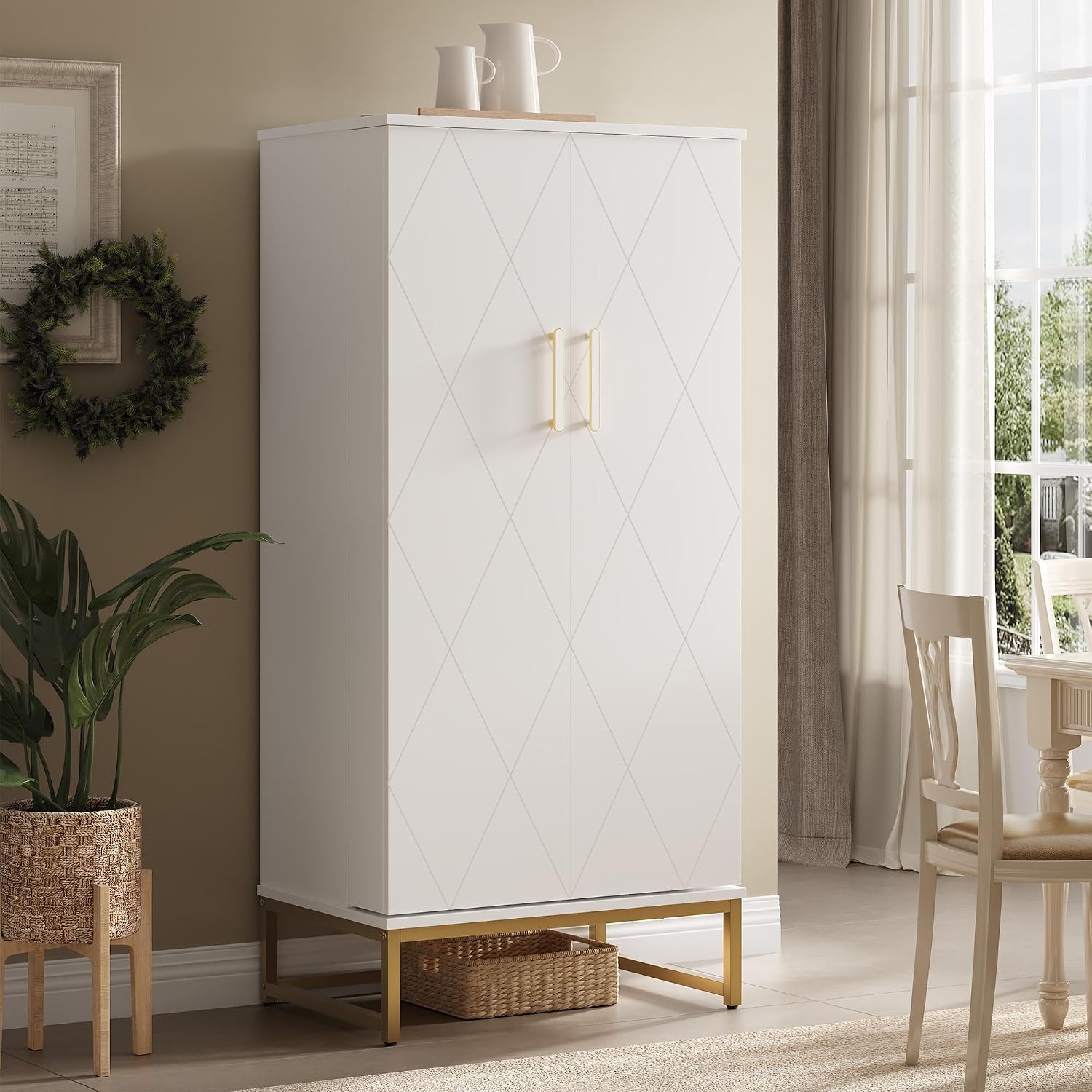 kepptory 51' Kitchen Pantry Storage Cabinet with Diamond Design, White Freestanding Pantry Cabinets with Golden Base and Handles, Buffet Cupboards Cabinet with 6 Adjustable and Large Storage Space