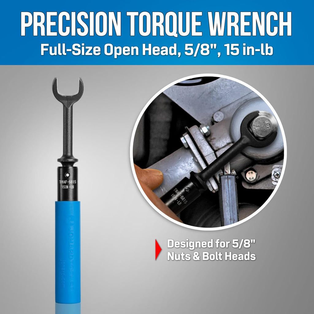 Jonard Tools TWAF-5815 Torque Wrench, Full Head 5/8', 15 in-lb - CATV/COAX/VDV Tool with Audible Click, Cushion Grip, Angled Head, High Carbon Steel