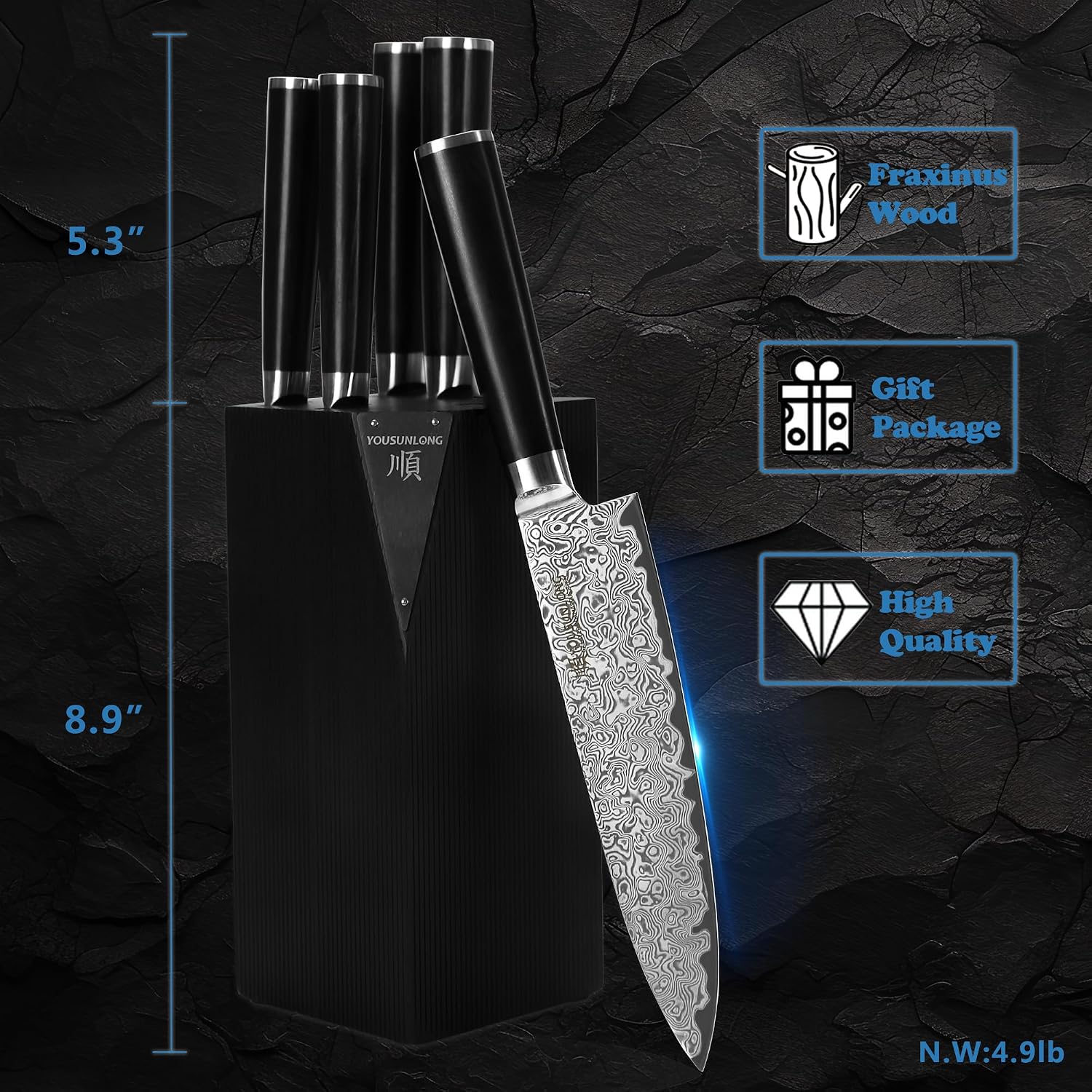 YOUSUNLONG Kitchen Knife Set, 5 Piece | Natural Fraxinus Americana Wood Knife Holder, Ultra Sharp High Carbon Japanese Damascus Steel Blade, Natural Ebony Handle