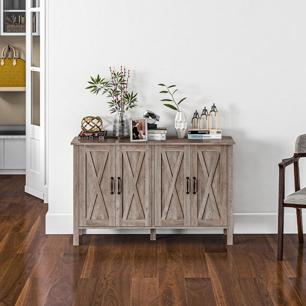 HOMCOM Buffet Cabinet, 47' Sideboard with 4 Barn Doors and 2 Adjustable Shelves, Farmhouse Coffee Bar Cabinet, Gray Wood Grain