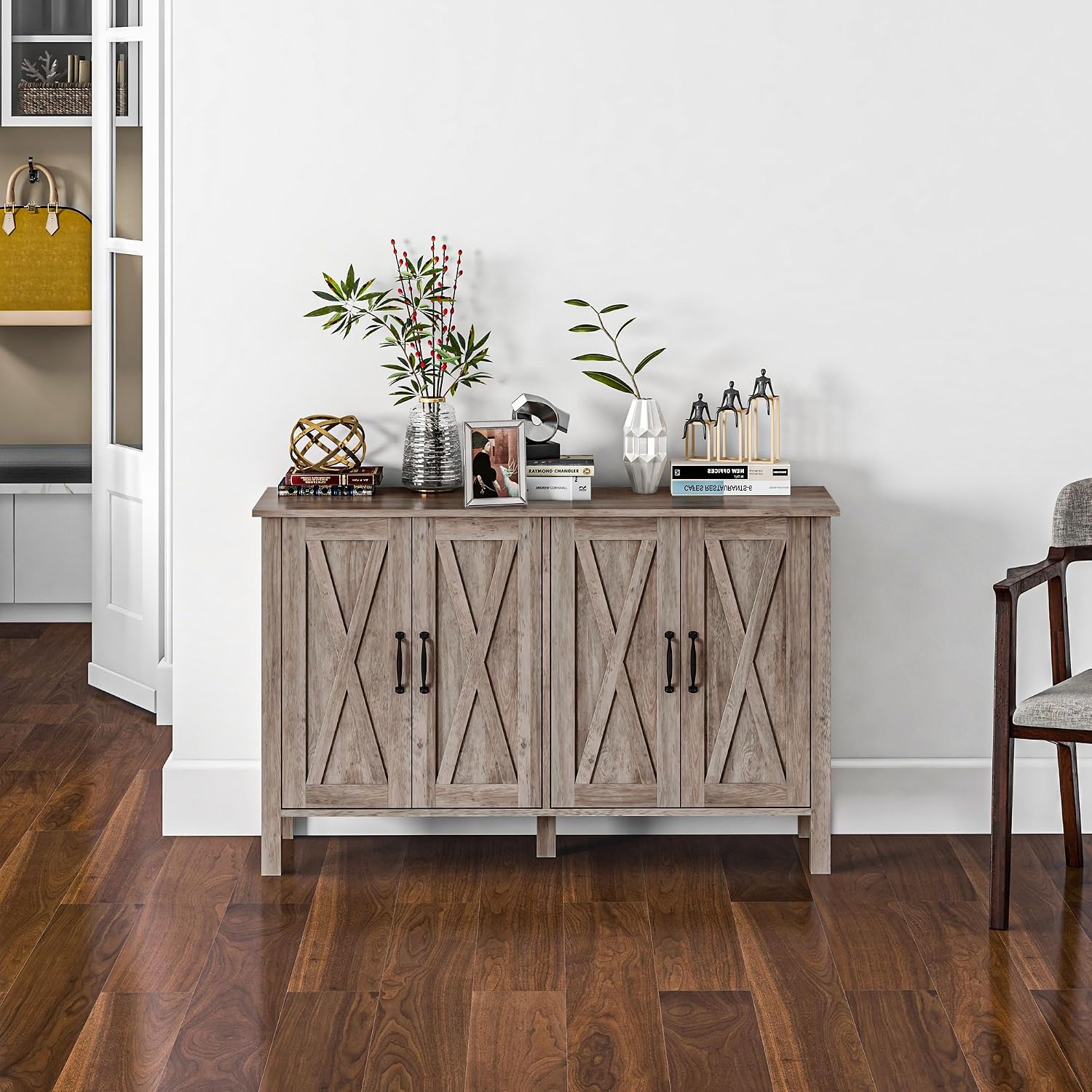 HOMCOM Buffet Cabinet, 47' Sideboard with 4 Barn Doors and 2 Adjustable Shelves, Farmhouse Coffee Bar Cabinet, Gray Wood Grain