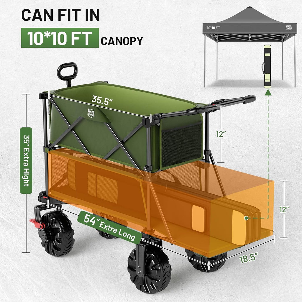 TIMBER RIDGE Push & Pull Double Decker Wagon, 400L Large Capacity Heavy Duty & 450lb Load, Collapsible Cart with All-Terrain Wheels & Brakes, 54' Extended Foldable for Sports, Beach, Camping, Green