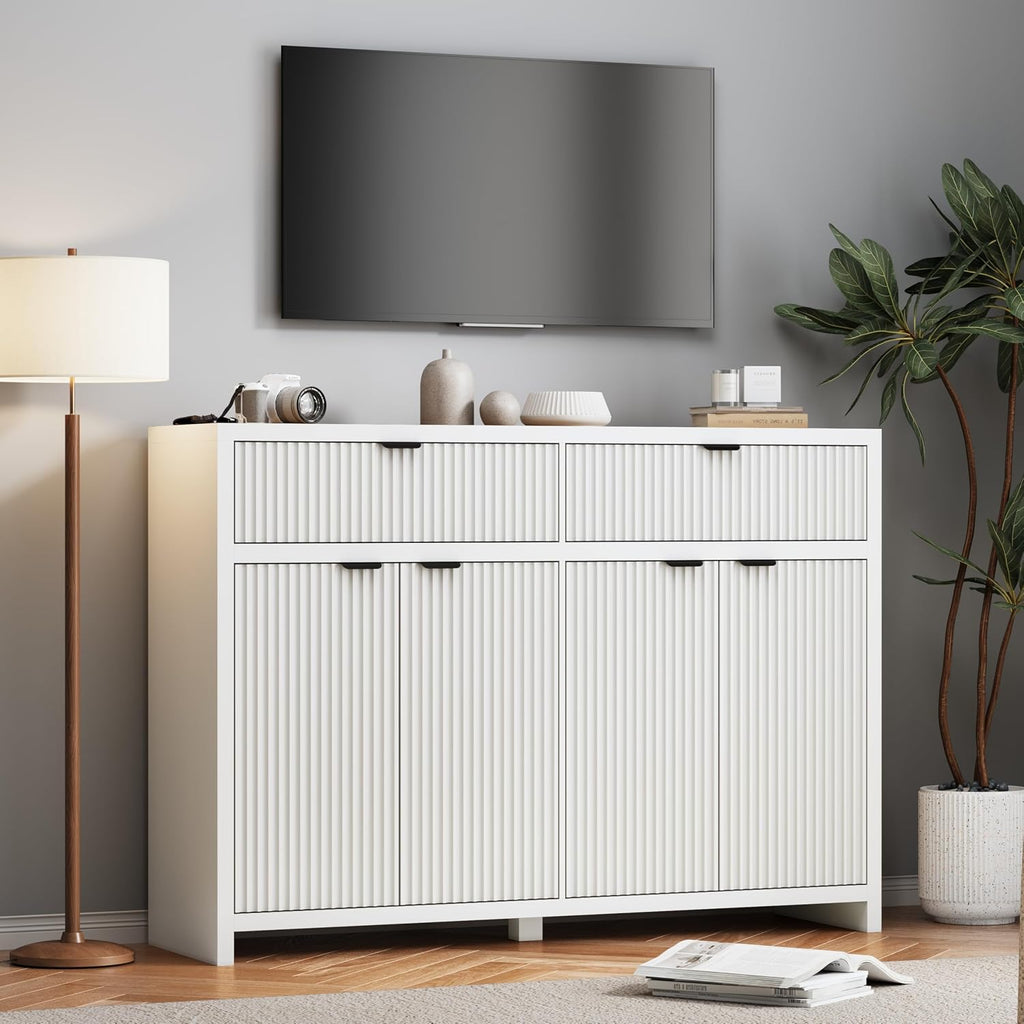 55' W Sideboard Buffet Cabinet with Storage, White Fluted Cabinet with 2 Drawers & 4 Doors, Wood Kitchen Cabinet with Adjustable Shelves for Living Room,Kitchen and Dining Room - White