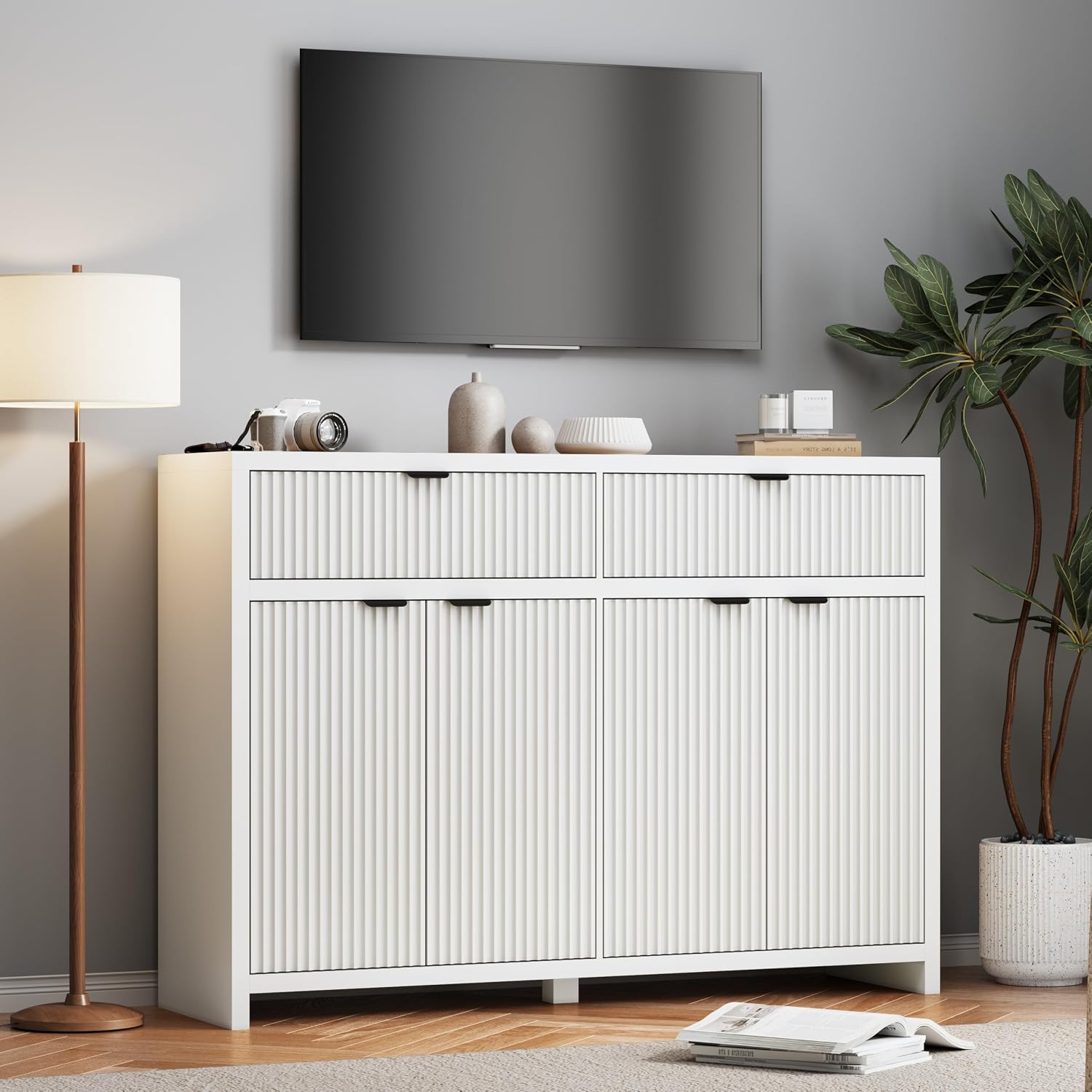 55' W Sideboard Buffet Cabinet with Storage, White Fluted Cabinet with 2 Drawers & 4 Doors, Wood Kitchen Cabinet with Adjustable Shelves for Living Room,Kitchen and Dining Room - White