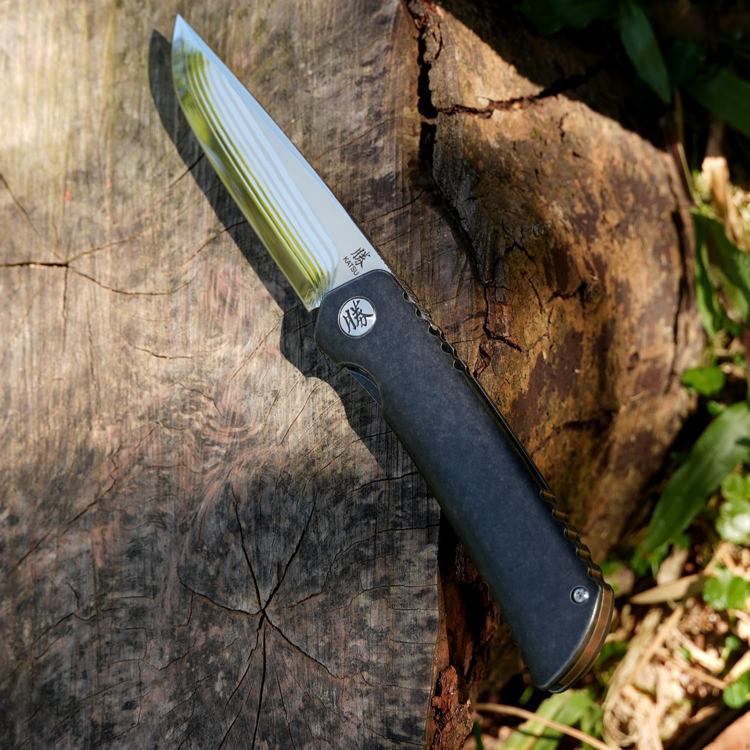 KATSU Folding Pocket Japanese Knife, 17 Layers ZDP-189 Super Steel Convex Grind Blade, Titanium Alloy Handle & Clip, Frame Lock, Leather Sheath