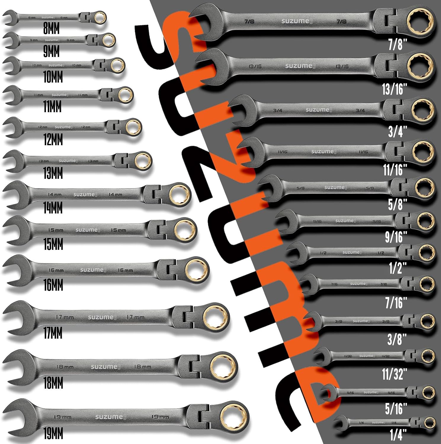 SUZUME 8PCS Stubby Metric Wrenches Set (8-17mm) & 24PCS Metric and SAE Flex Head Ratcheting Wrench set