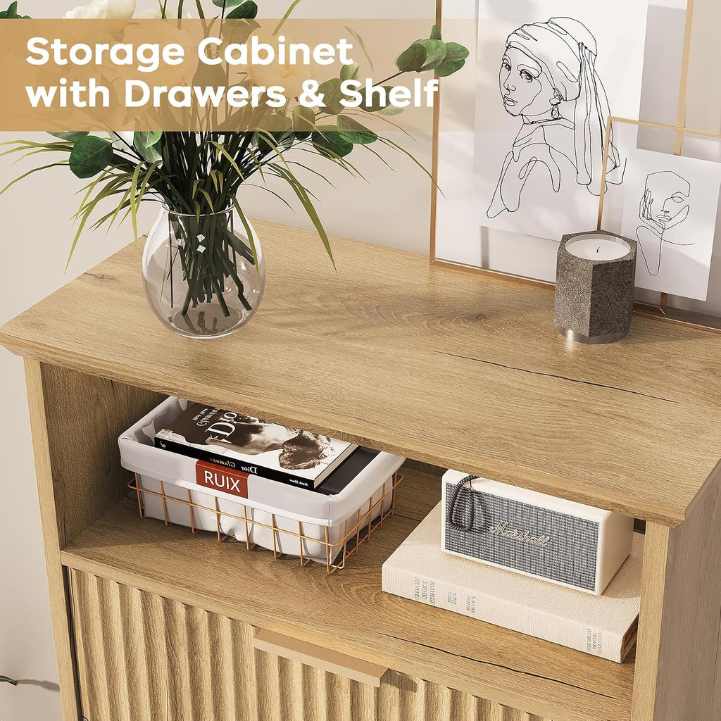Fluted Buffet Cabinet with Storage, Modern Coffee Bar Cabinet with Drawer & Adjustable Shelf, Wood Sideboard Cabinet for Kitchen, Bathroom, Entryway and Living Room Natural