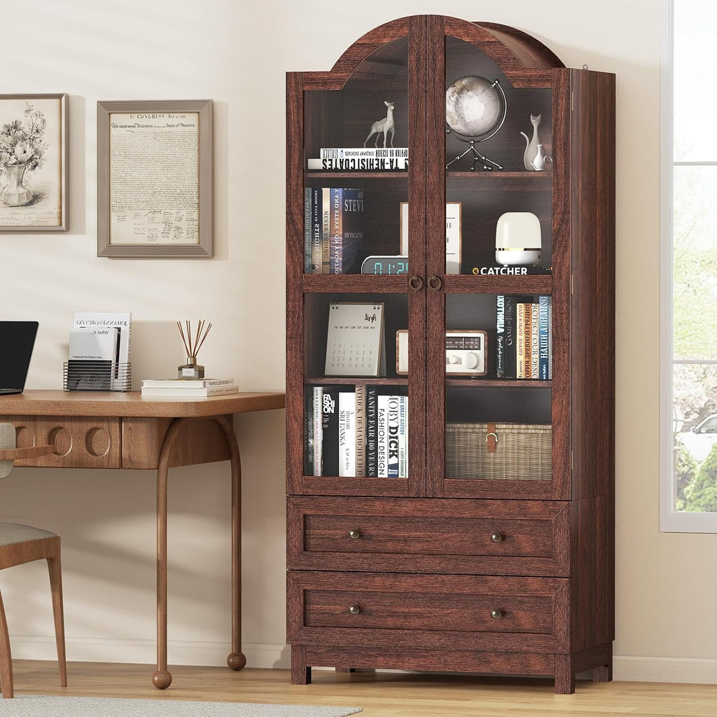 EasyCom 71 Tall Arched Pantry Cabinet, Farmhouse Wood Kitchen Cabinet with 2 Large Drawers, 4-Tier Storage Cabinet with Adjustable Shelf & Magnetic Clasp Doors for Living Room, Dining Room, Brown