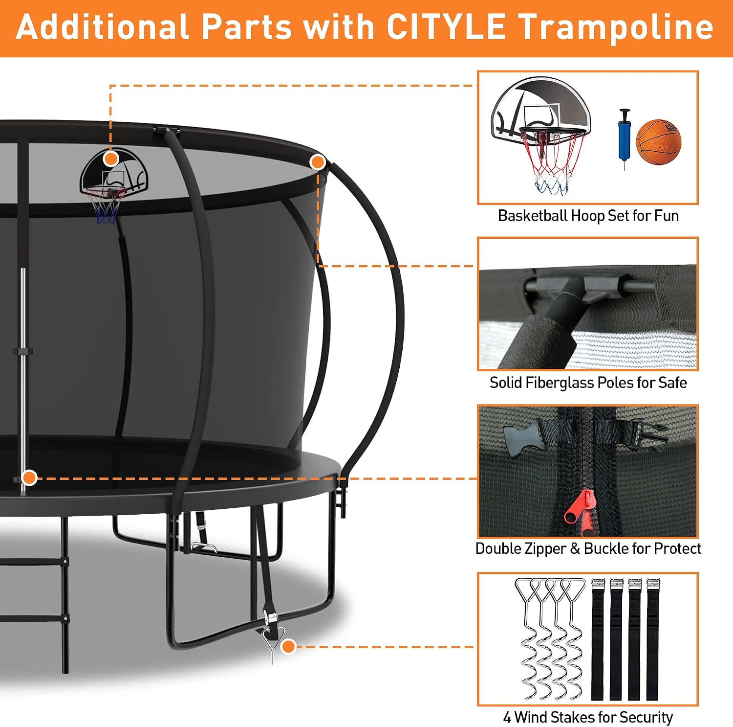 1500LBS Capacity No-Gap Design 8 10 12 14 15 16 FT Recreational Jumper with Enclosure Net, Wind Stakes & Basketball Hoop, ASTM Approved, Perfect for Kids & Adults Family Outdoor Backyard Fun
