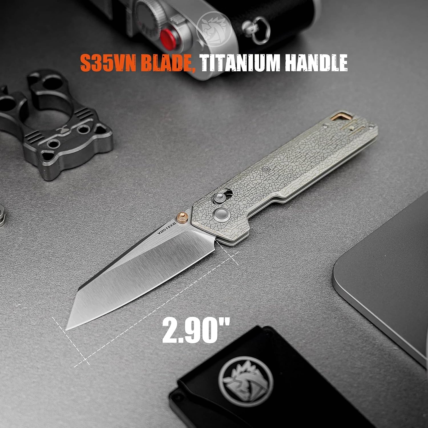 Vosteed Parallel EDC Pocket Knife - 2.90' S35VN Satin & Brushed Blade, Reverse Tanto - Crossbar Lock, Arctic Crackle Titanium Handle - Camping, Hunting Knives - A3509