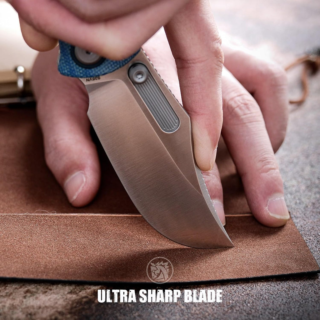 Vosteed Naga EDC Folding Pocket Knife - 3.47' S35VN Satin Blade, Clip Point - Top Liner Lock, Blue Norplex UltreX™ Micarta Handle - Camping, Hiking Knives - A3901