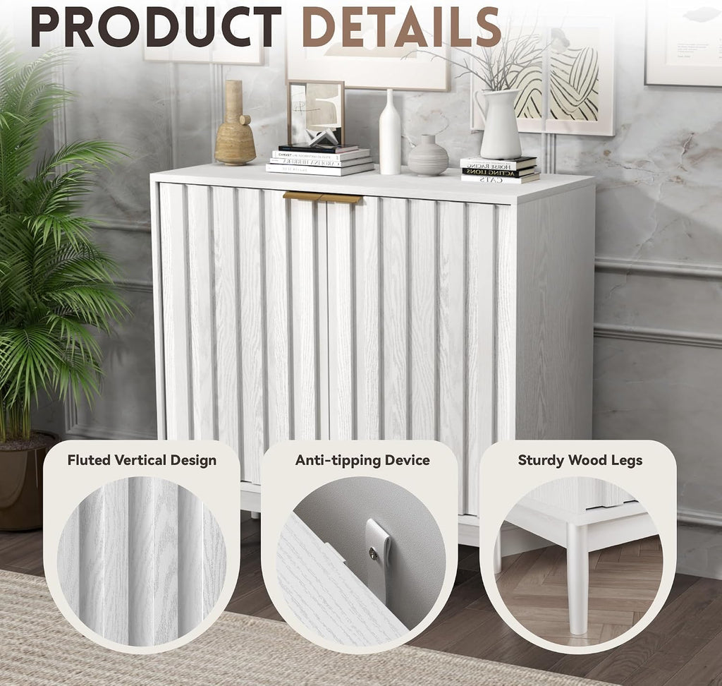 Otterease Fluted Cabinet with Storage, Buffet Cabinet Sideboard with Door, Kitchen Buffet Storage Accent Cabinets with Adjustable Shelves for Living Room, Entry, Hallway, White