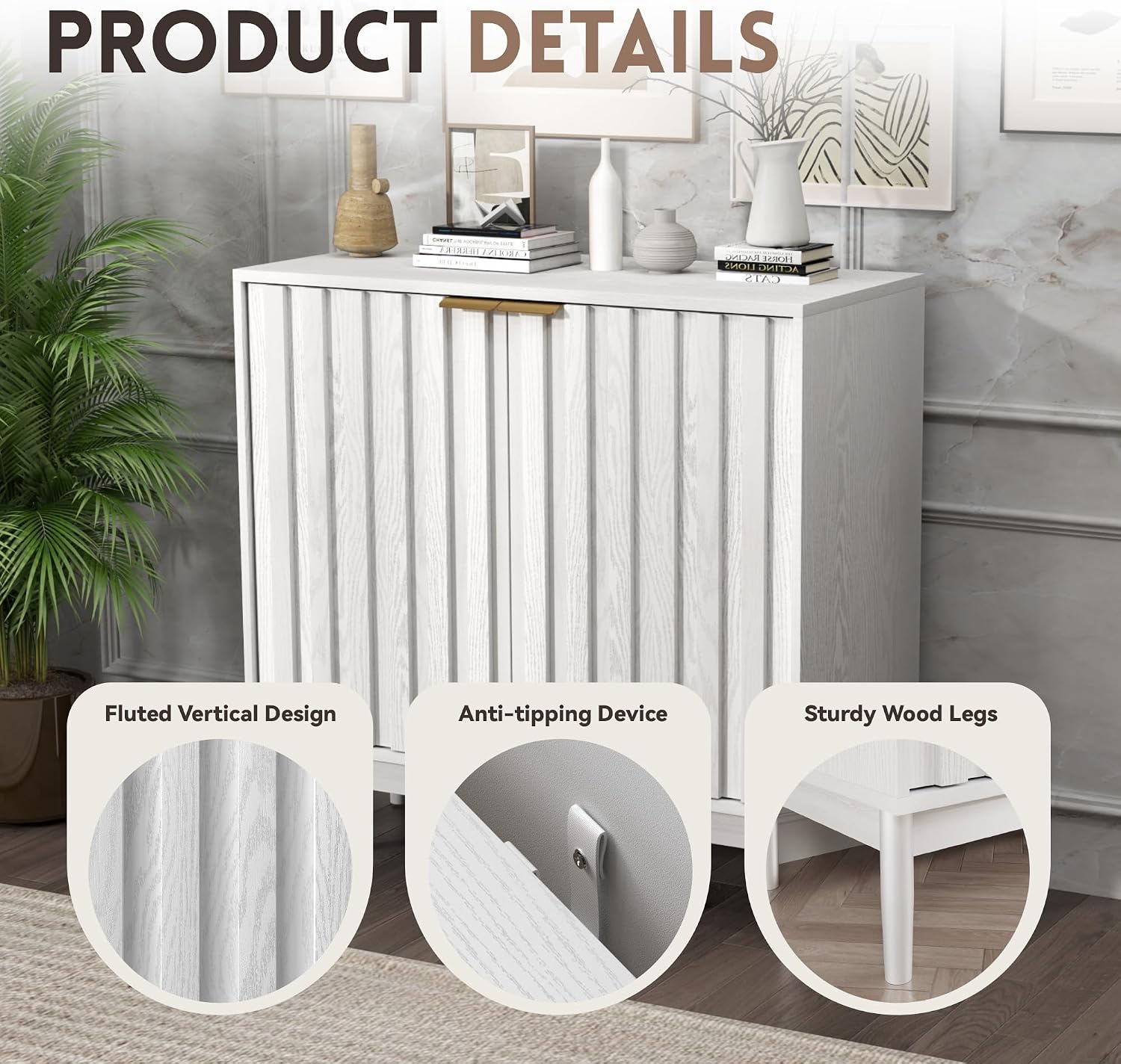 Otterease Fluted Cabinet with Storage, Buffet Cabinet Sideboard with Door, Kitchen Buffet Storage Accent Cabinets with Adjustable Shelves for Living Room, Entry, Hallway, White