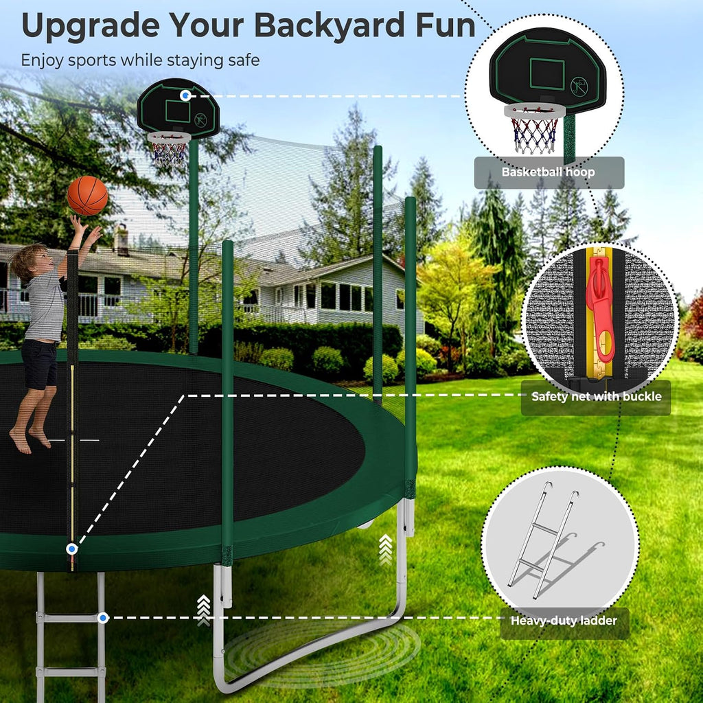 Lyromix Upgraded Trampoline with Lights, Large Outdoor Trampoline with Sprinkler,Basketball Hoop and Net, Capacity for 5-8 Kids and Adults