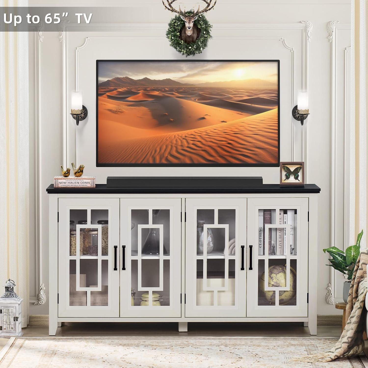 Joaxswe Large Sideboard Buffet Cabinet with Storage, 63' Farmhouse White Kitchen Coffee Wine Bar Cabinet with 4 Glass Doors, Wood Mid Century Modern Side Board Table for Dining Room, Living Room