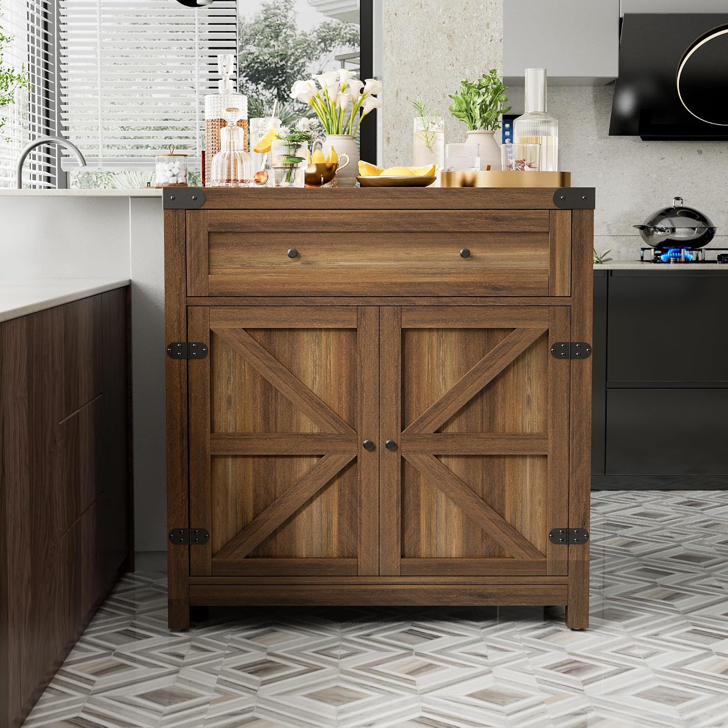 JUMMICO Coffee Bar Cabinet Farmhouse Kitchen Sideboard Buffet Cabinet with Drawer and Adjustable Shelf Barn Door Storage for Kitchen, Dining Room, Bathroom, Entryway (Brown)