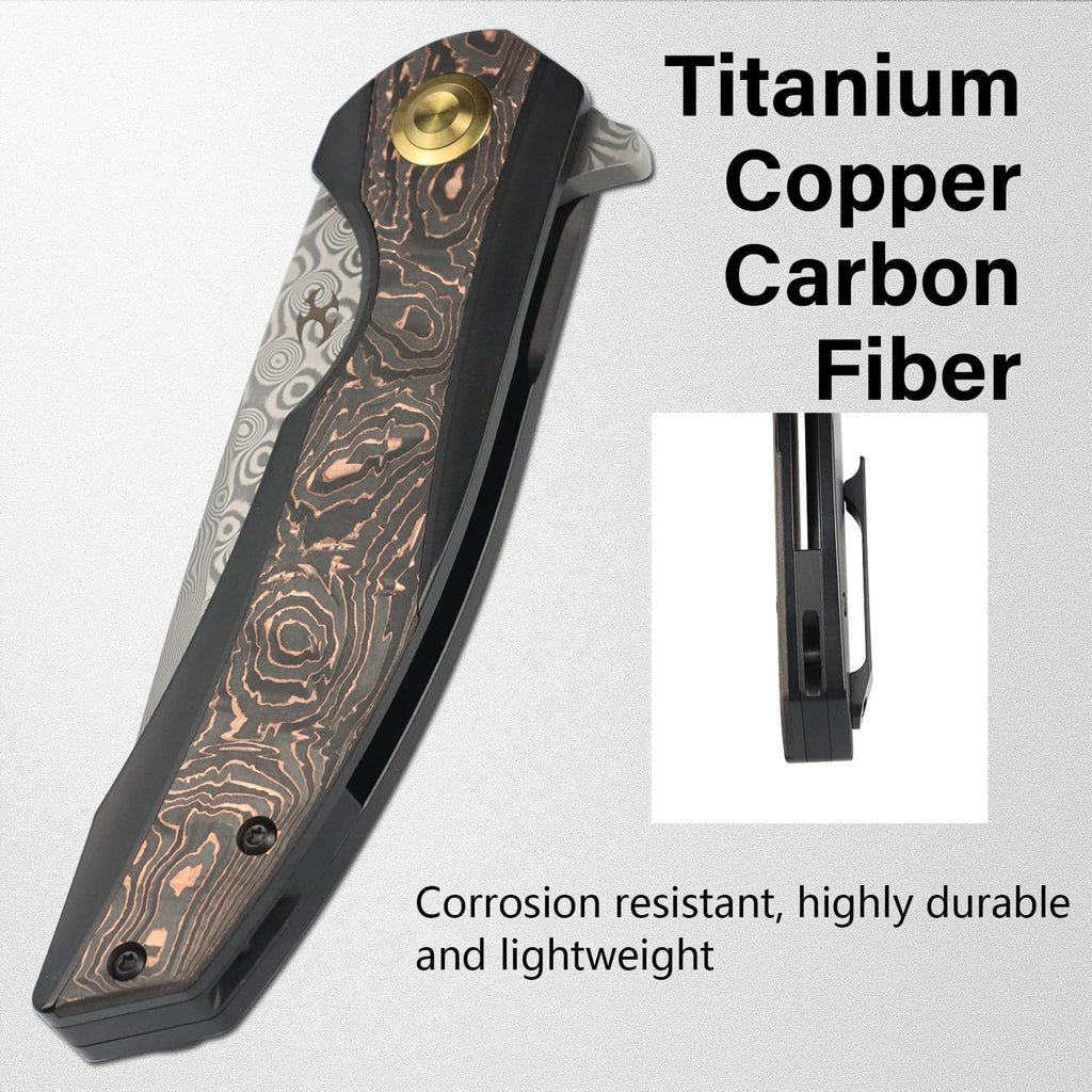 KANSEPT Accipiter Pocket Folding Knives EDC Camping Folding Knife 3.36'' Damascus Blade Pocket Folding Knife with Titanium + Copper Carbon Fiber Handle Everyday Carry K1007E4