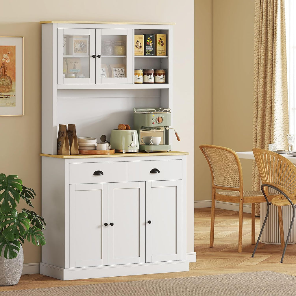 HOMCOM Kitchen Pantry Storage Cabinet with Microwave Stand, 71' Modern Kitchen Hutch with Open Countertop, Glass Doors, Storage Drawers and Adjustable Shelves for Dining Room, Coffee Bar, White