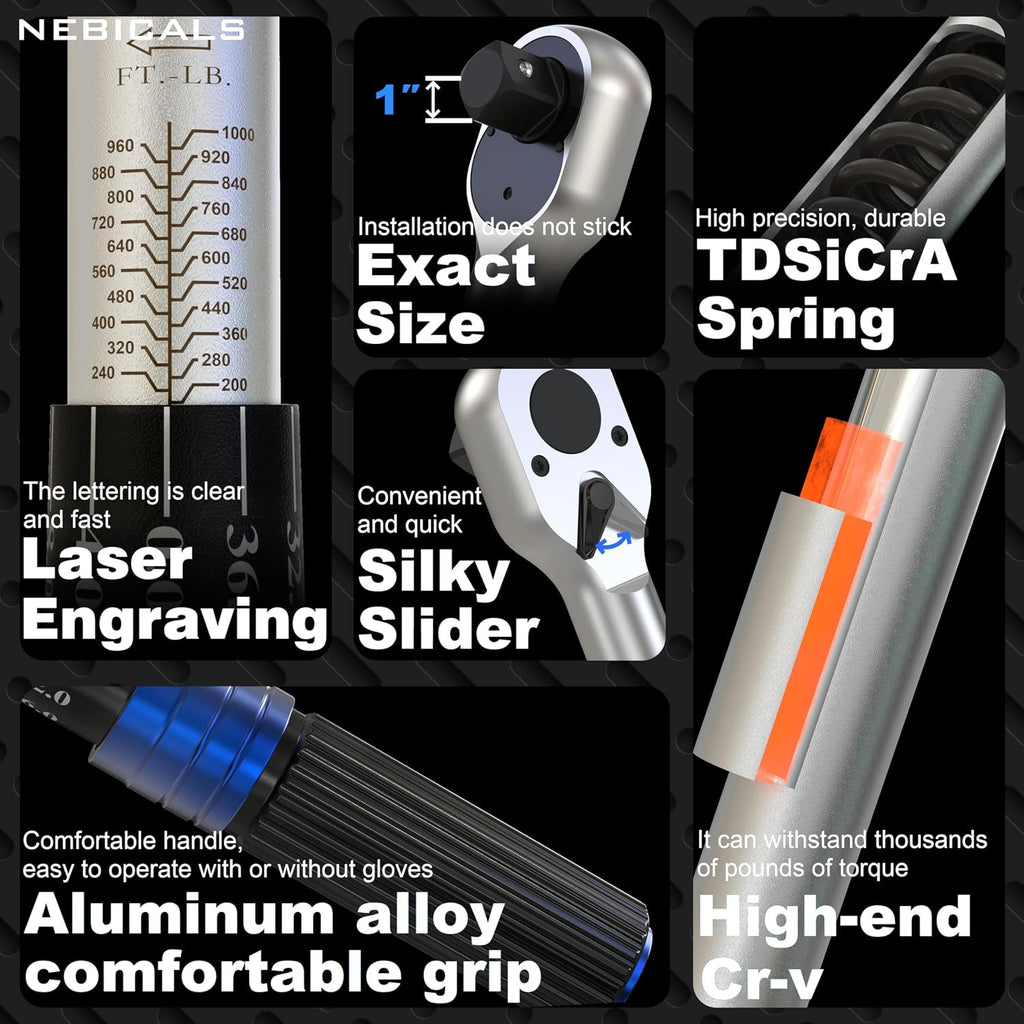 1'' 200-1000 Ft Lb Torque Wrench Heavy Duty, Dual Direction, High hardness, Long lifetime, Stored In a Solid Case