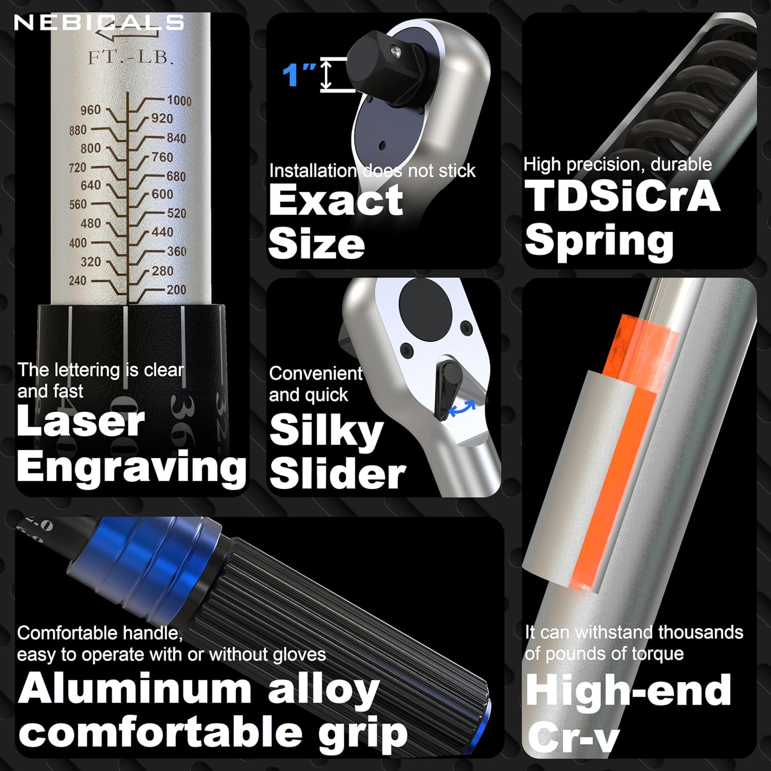 1'' 200-1000 Ft Lb Torque Wrench Heavy Duty, Dual Direction, High hardness, Long lifetime, Stored In a Solid Case