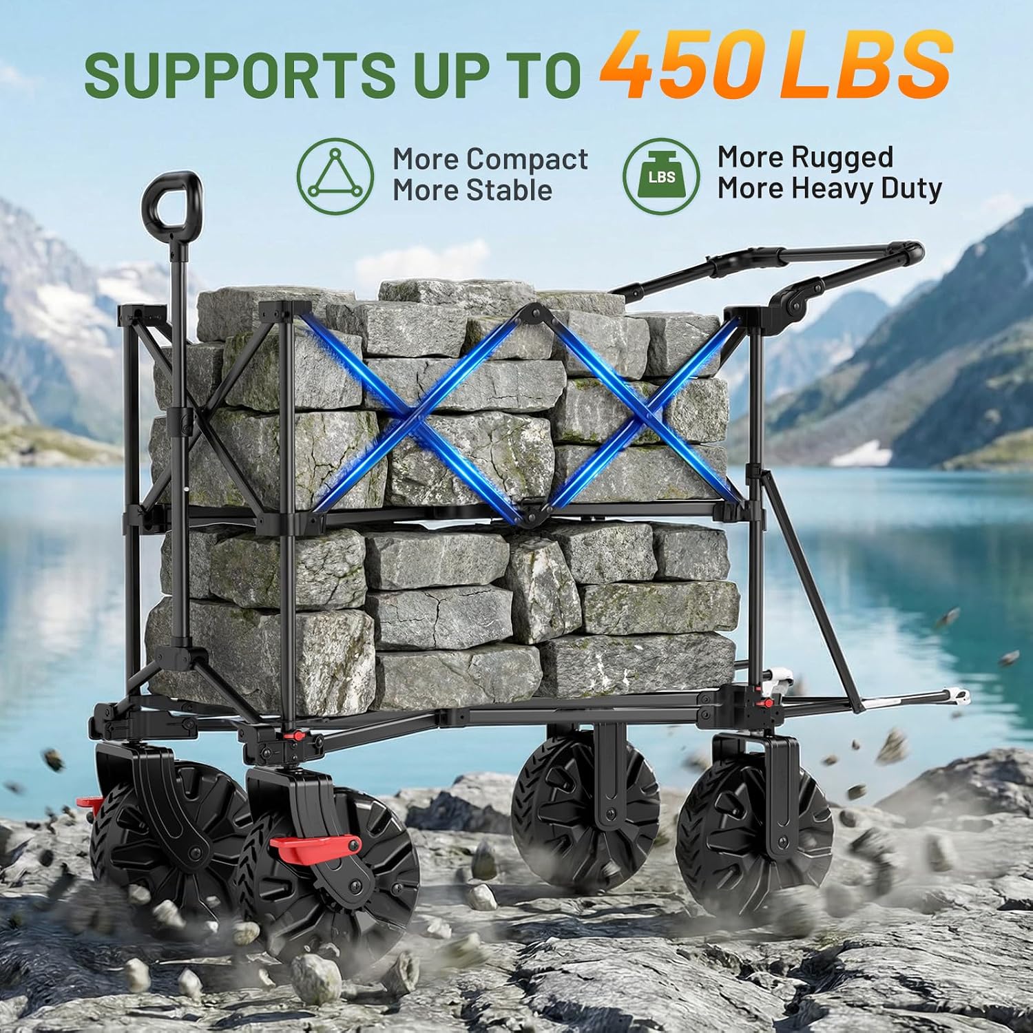 TIMBER RIDGE Push & Pull Double Decker Wagon, 400L Large Capacity Heavy Duty & 450lb Load, Collapsible Cart with All-Terrain Wheels & Brakes, 54' Extended Foldable for Sports, Beach, Camping, Green