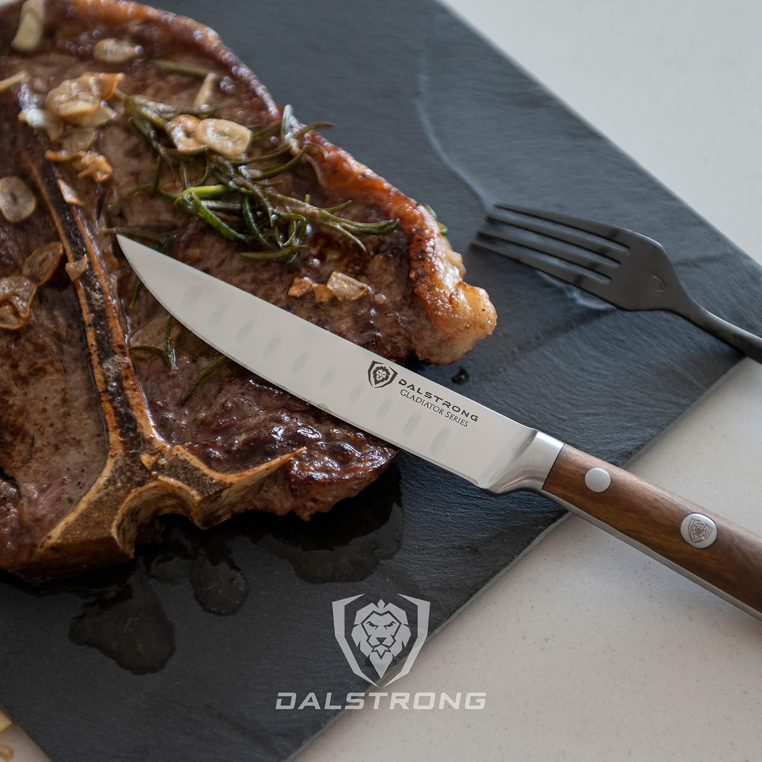 Dalstrong Non Serrated Steak Knives Set of 4-5 inch Straight Blade Steak Knife Set - Sheaths - Forged German Steel - Olive Wood G10 Handle - Gladiator Series Dinner Set - NSF Cuchillos para Carne