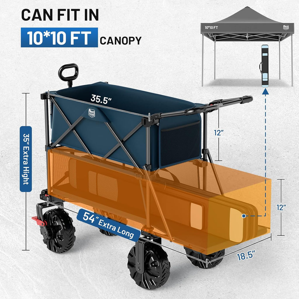 TIMBER RIDGE Push & Pull Double Decker Wagon, 400L Large Capacity Heavy Duty & 450lb Load, Collapsible Cart with All-Terrain Wheels & Brakes, 54' Extended Foldable for Sports, Beach, Camping, Blue
