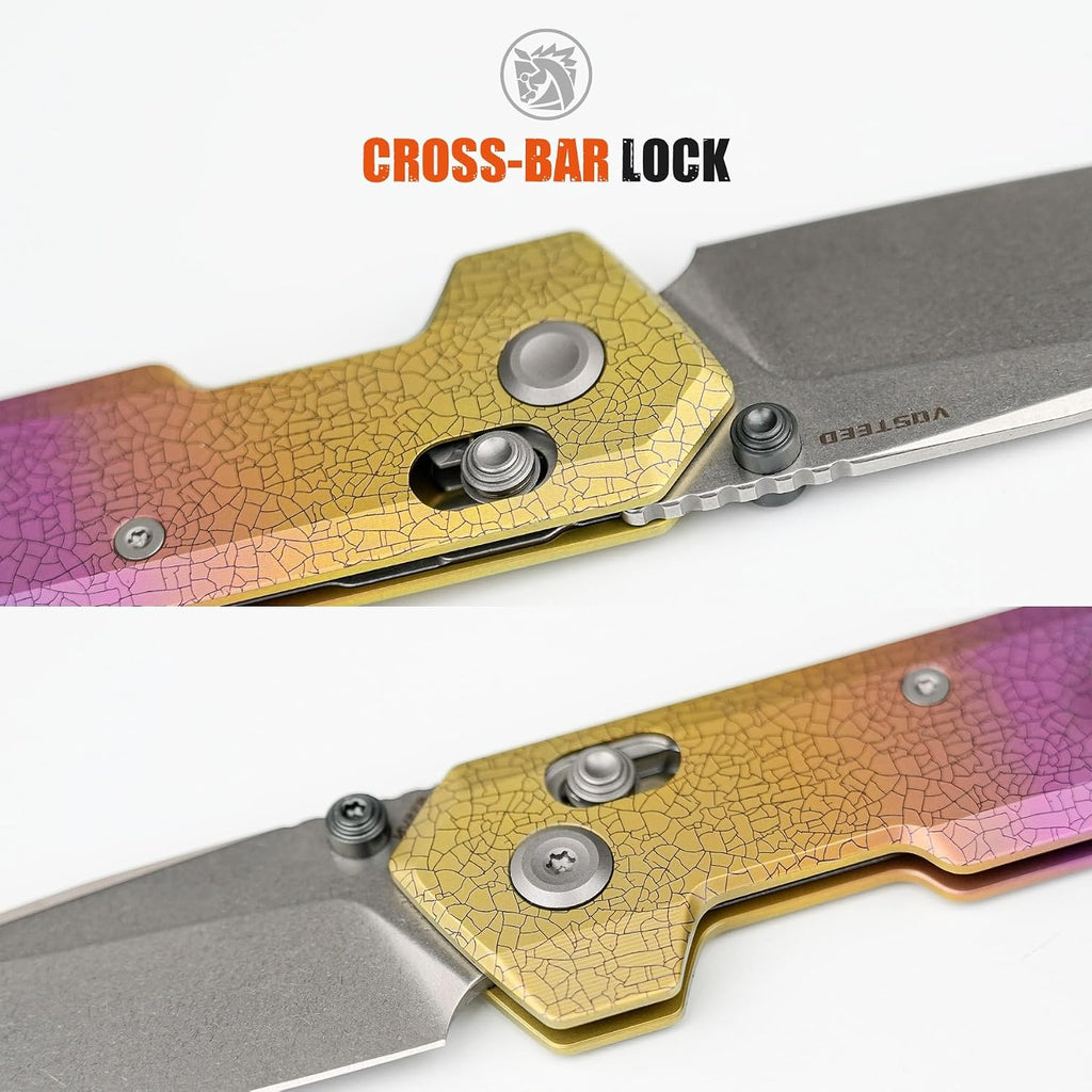 Vosteed Parallel EDC Pocket Knife - 2.90' S35VN Stonewash Blade, Reverse Tanto - Crossbar Lock, Iridescent Crackle Titanium Handle - Camping, Hiking Knives - A3508