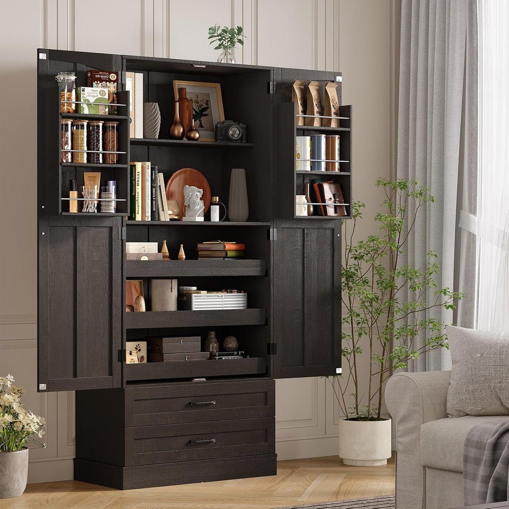 ONBRILL 71' Tall Farmhouse Kitchen Pantry Cabinet with 3 Pull Out Shelves & 2 Large Drawers, Pantry Storage Cabinet with 6 Door Shelf & Adjustable Shelf, Freestanding Cupboard for Kitchen, Dining Room